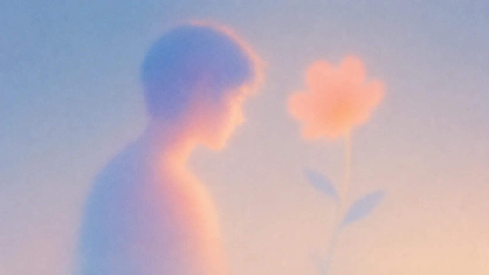A large human silhouette occupying the left half of the frame, shown in soft side profile and facing a single oversized flower on the right, the human body fading from deep powder blue into lavender, the face and body almost completely indistinct, the flower glowing warm peach-orange with a pale cream center, enormous empty blue-pink space around them, the flower slightly smaller than the person's head, quiet and intimate composition. STYLE LOCK